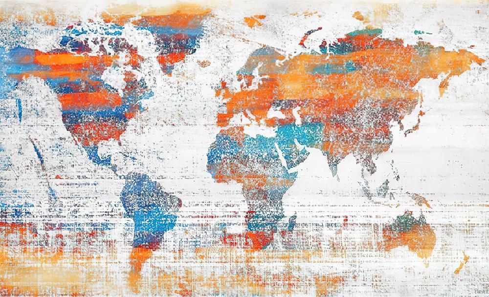 Fototapeta mapa świata akwarelowa beżowo niebieska do biura