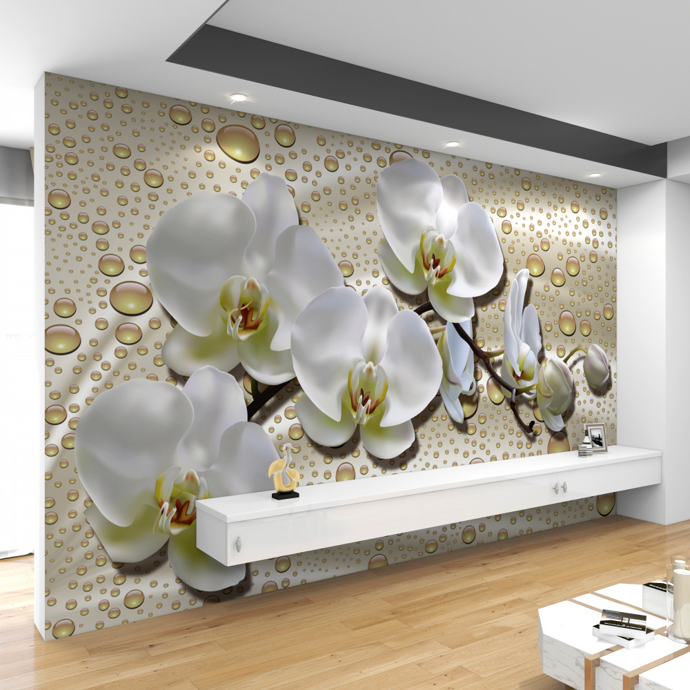 Fototapeta biała ramka orchidei po deszczu na jedwabiu