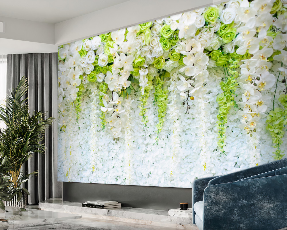 Fototapeta ściana usiana białymi kwiatami orchidei