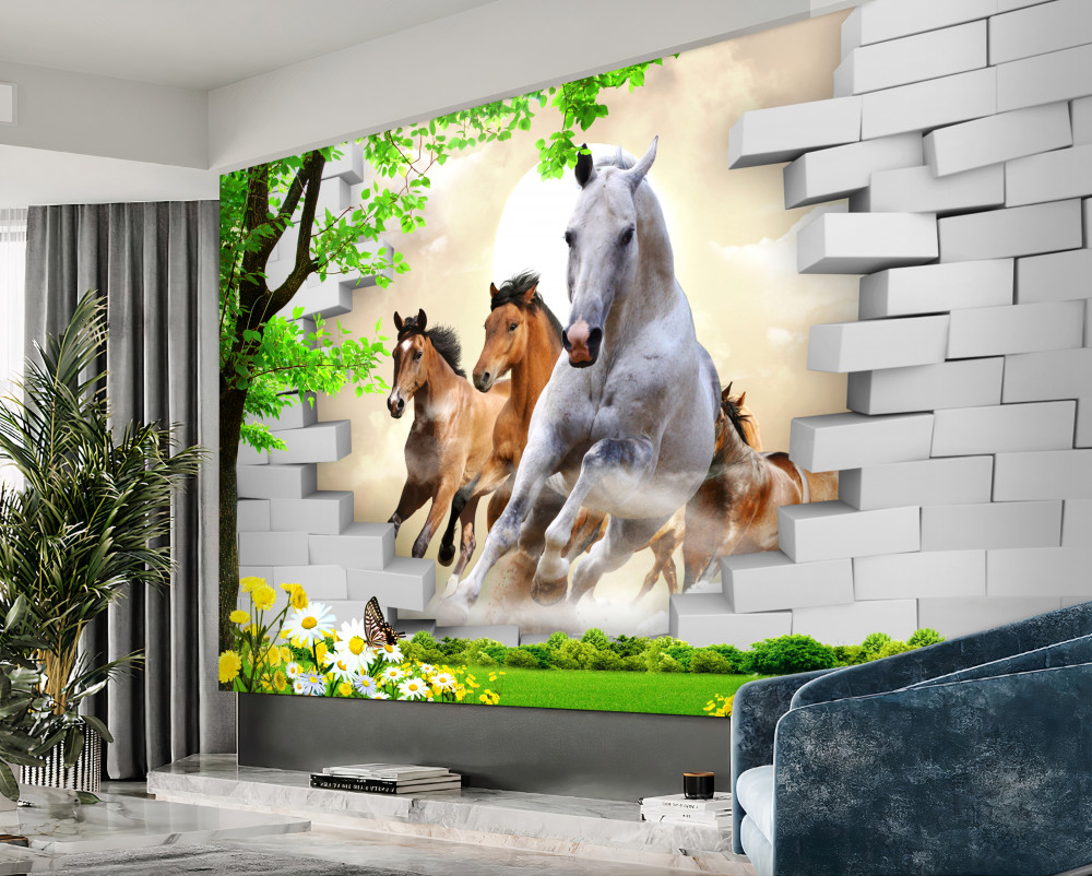 Fototapeta galop różnych koni rozbijających cegłę