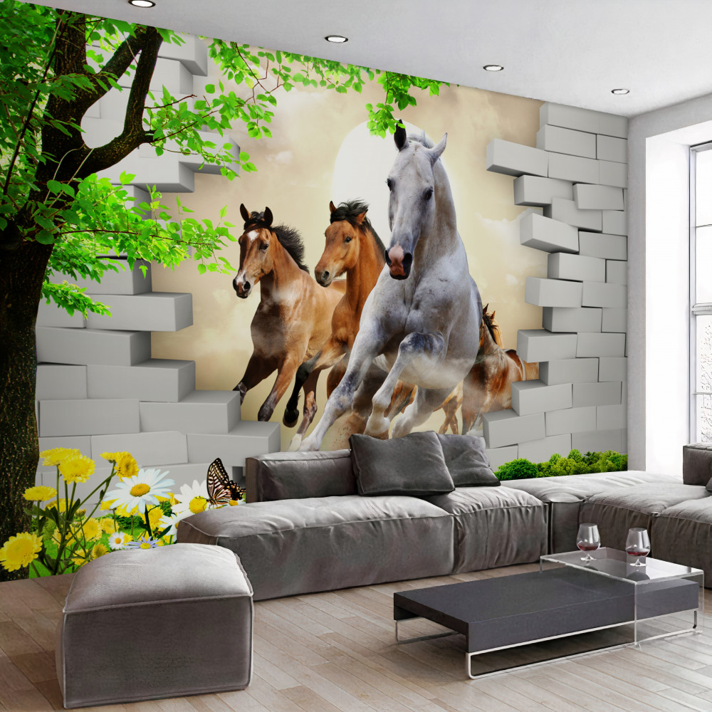 Fototapeta galop różnych koni rozbijających cegłę