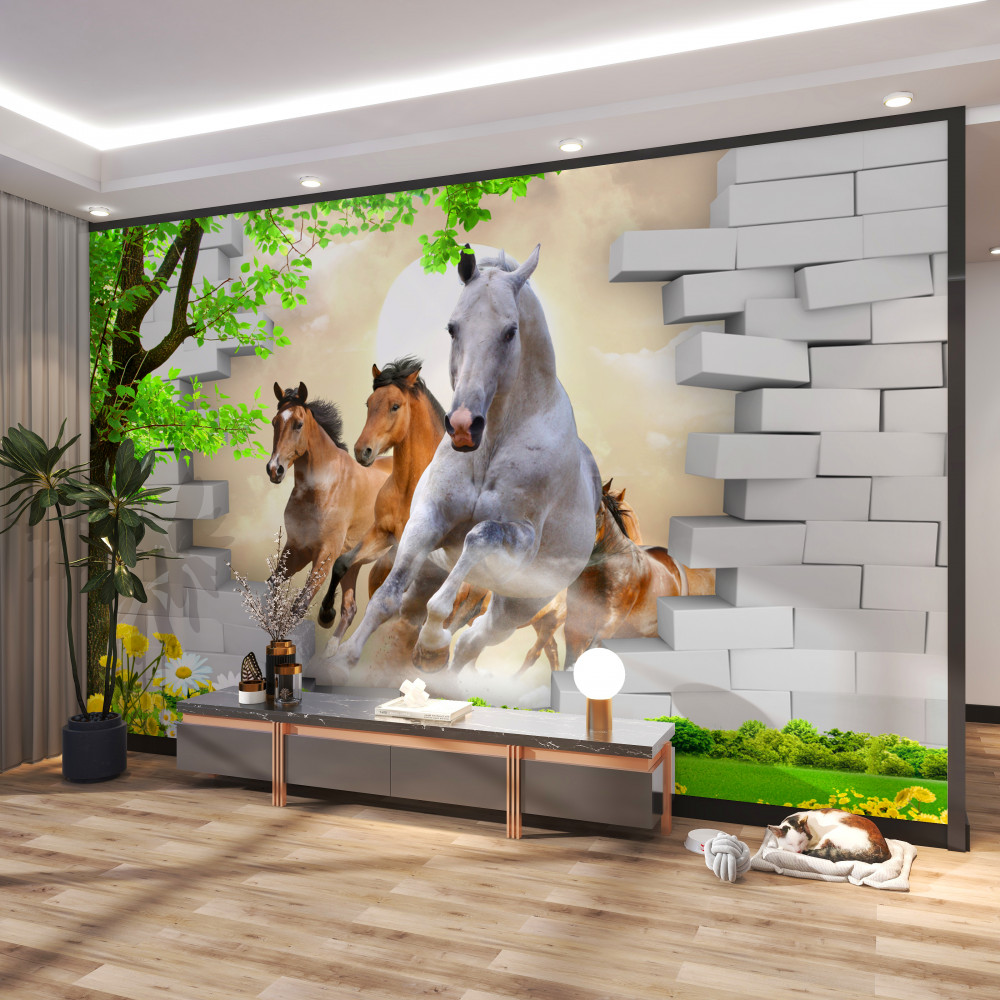 Fototapeta galop różnych koni rozbijających cegłę