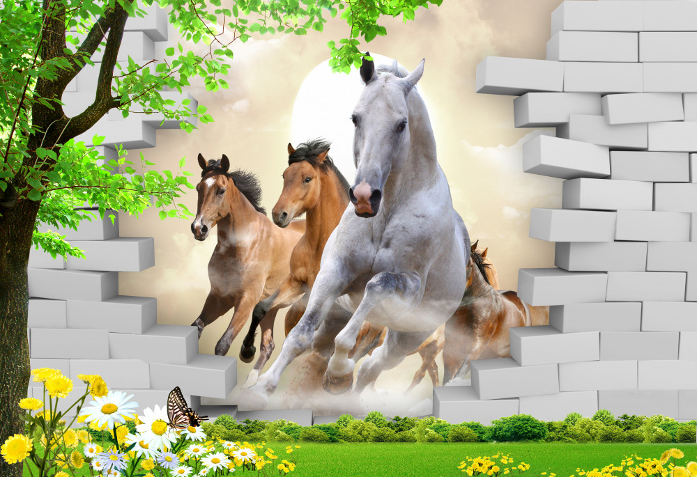Fototapeta galop różnych koni rozbijających cegłę