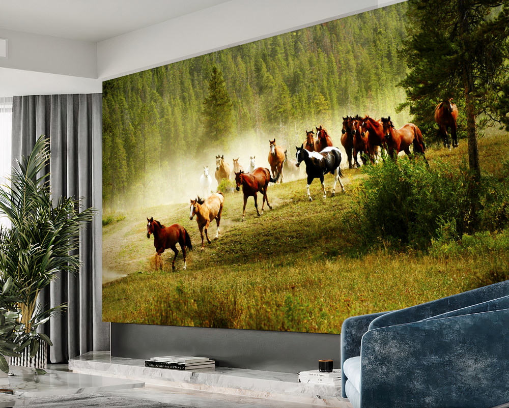 Fototapeta biegające konie po lesie