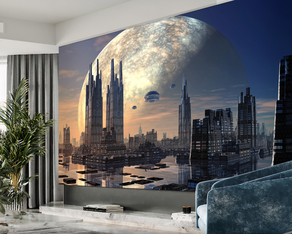 Fototapeta pełnia księżyca nad fantastycznym miastem
