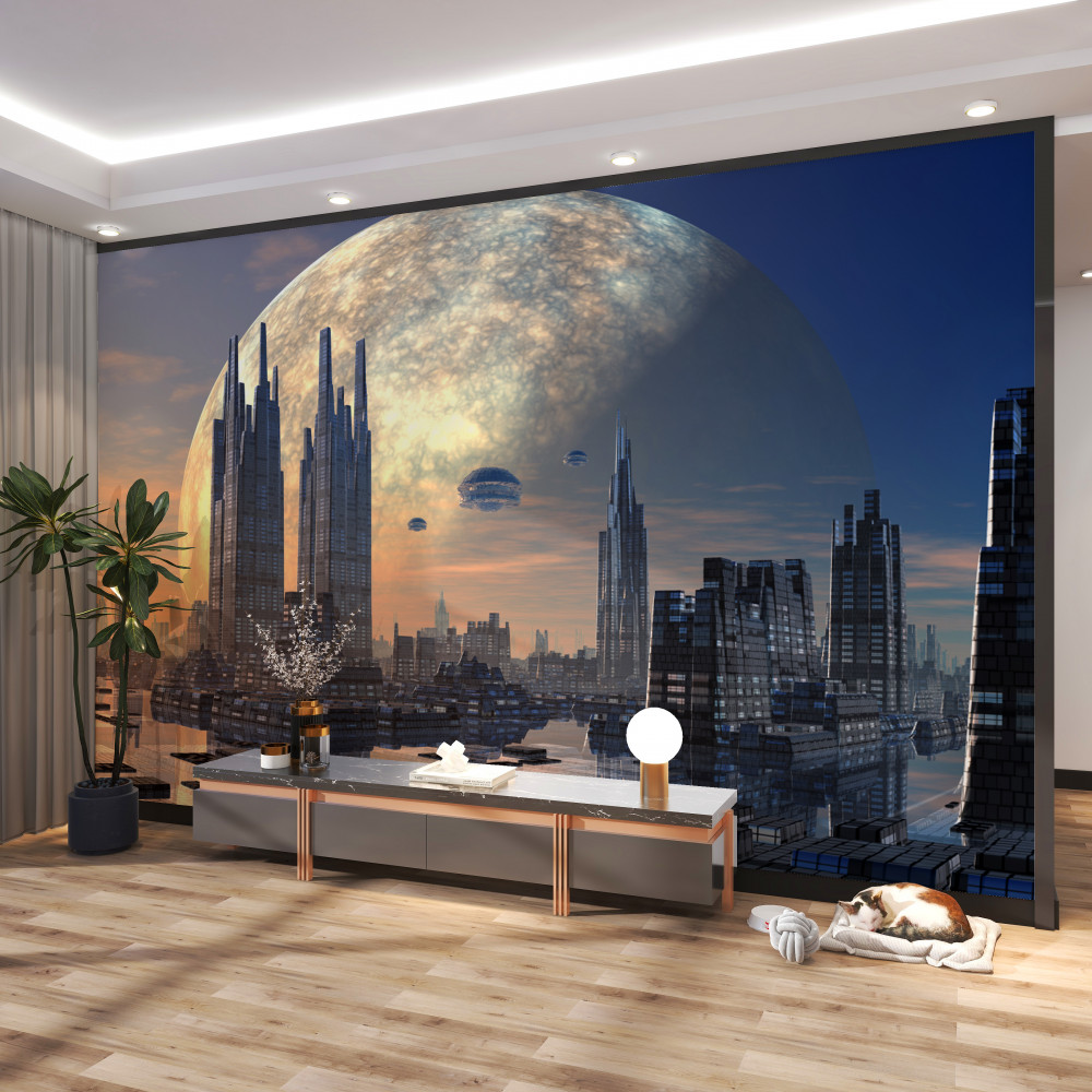 Fototapeta pełnia księżyca nad fantastycznym miastem
