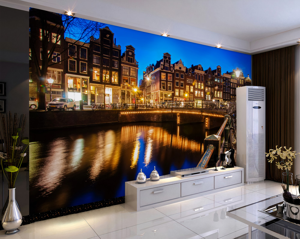 Fototapeta Amsterdam nocą odbity w wodzie