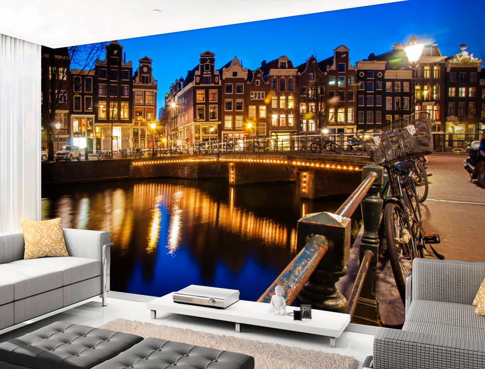 Fototapeta Amsterdam nocą odbity w wodzie