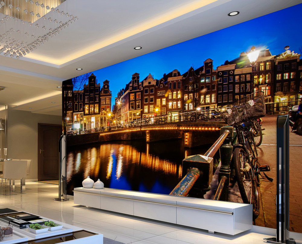 Fototapeta Amsterdam nocą odbity w wodzie