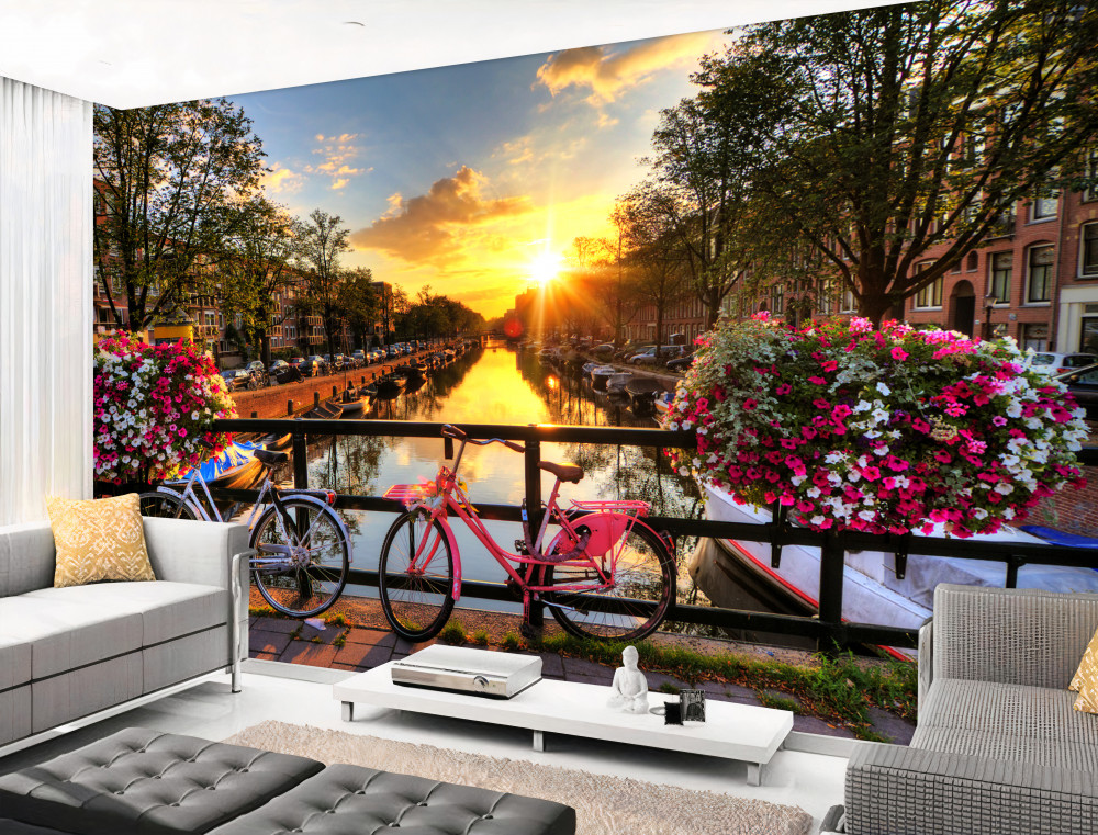 Fototapeta rowery w Amsterdamie o zachodzie słońca