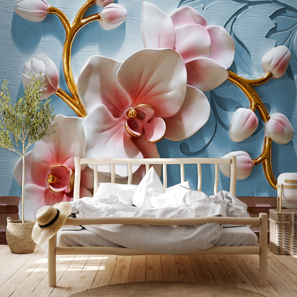 Fototapeta biała orchidea na błękitnym niebie