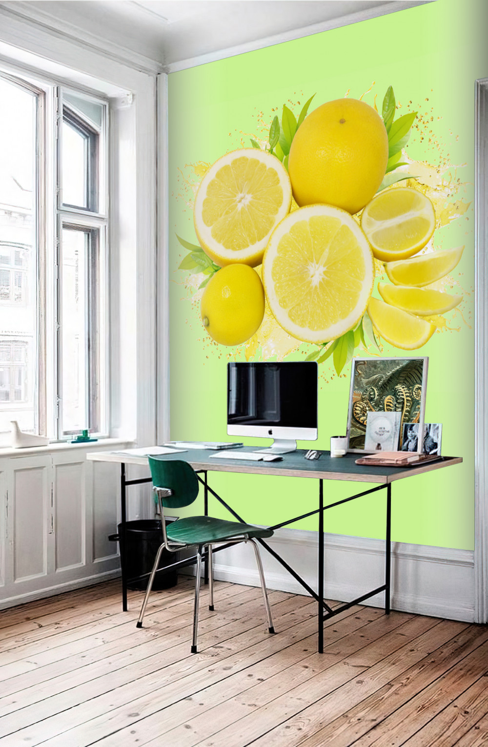 Fototapeta żółte cytryny na zielonym tle
