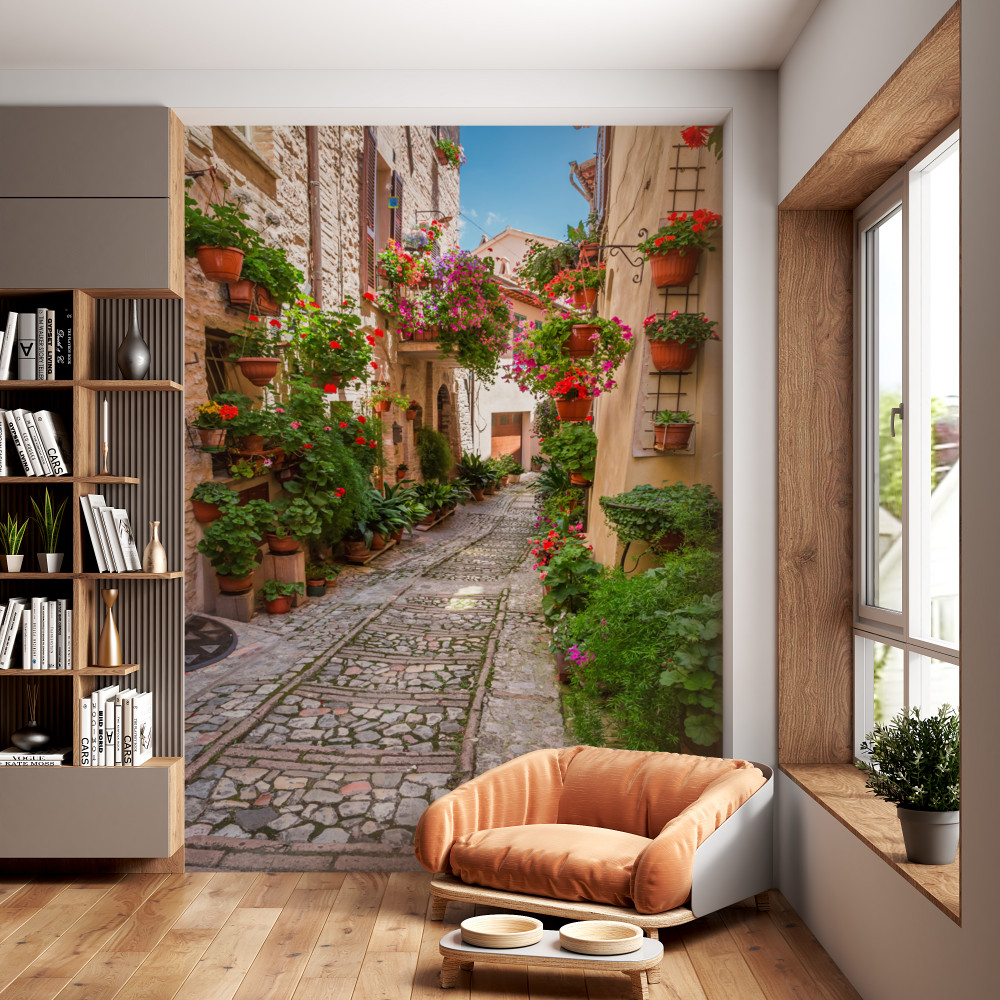 Fototapeta kwiecista ulica wśród domów