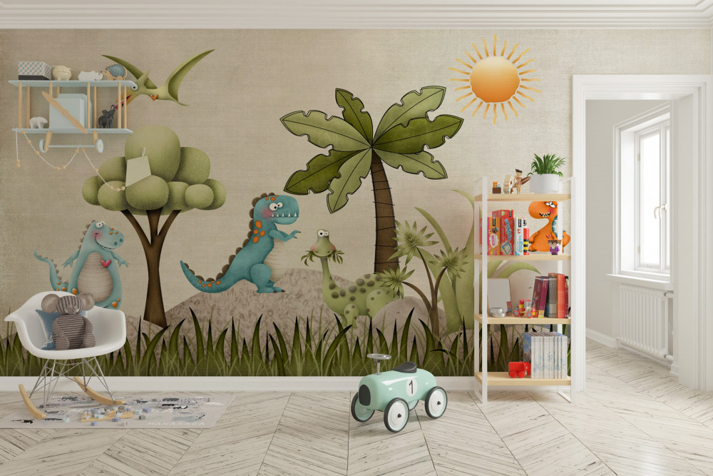 Fototapeta kreskówkowe dinozaury w lesie