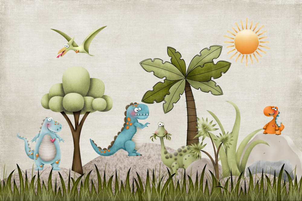 Fototapeta kreskówkowe dinozaury w lesie
