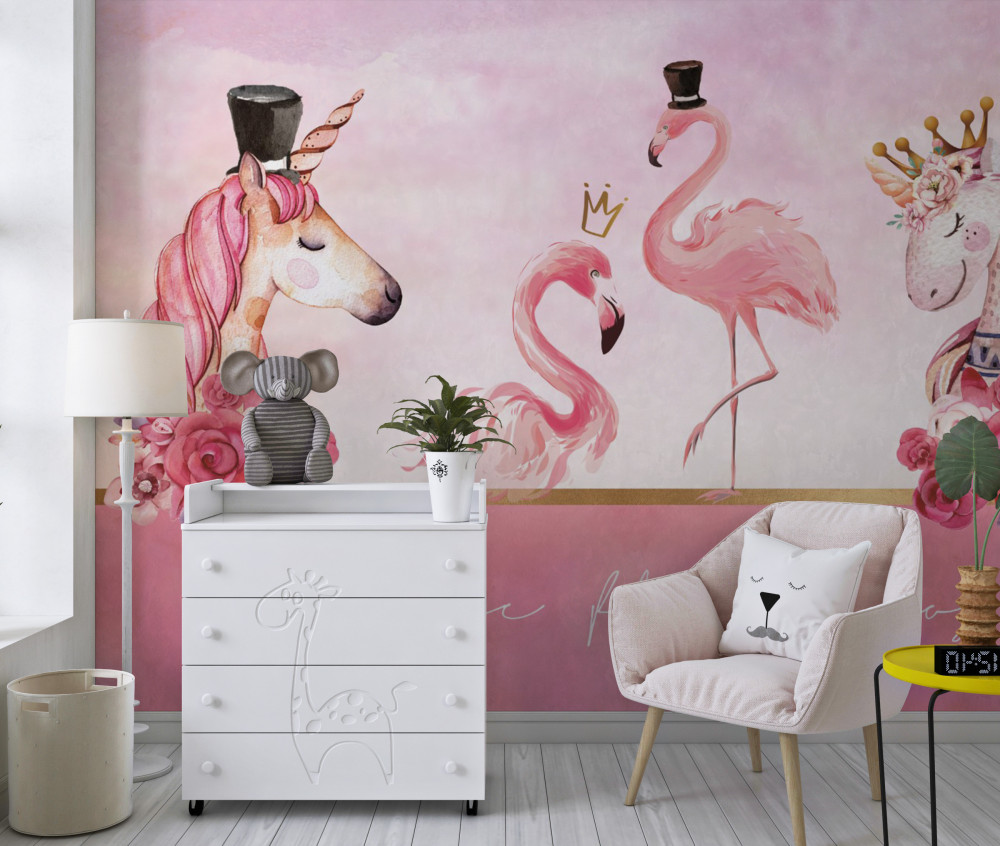 Fototapeta jednorożce i różowe flamingi
