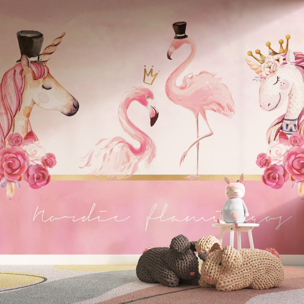 Fototapeta jednorożce i różowe flamingi