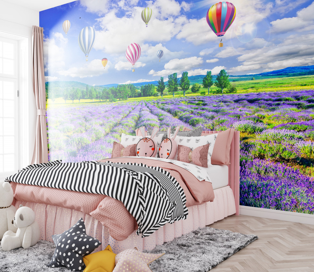 Fototapeta jasne balony nad polem lawendy