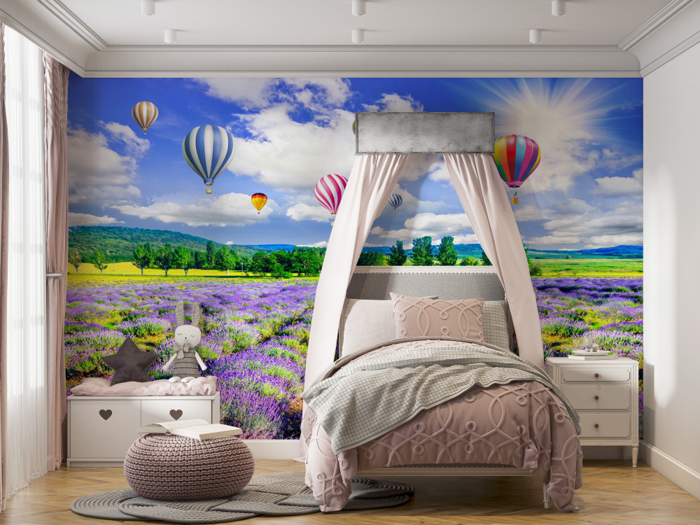 Fototapeta jasne balony nad polem lawendy