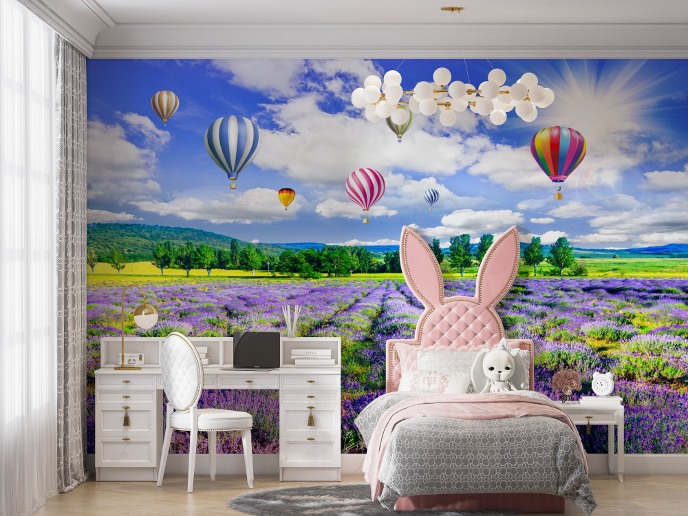 Fototapeta jasne balony nad polem lawendy