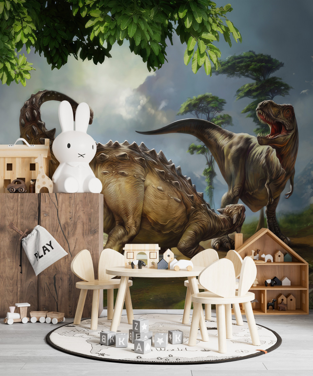 Fototapeta dinozaury w pobliżu wody w lesie