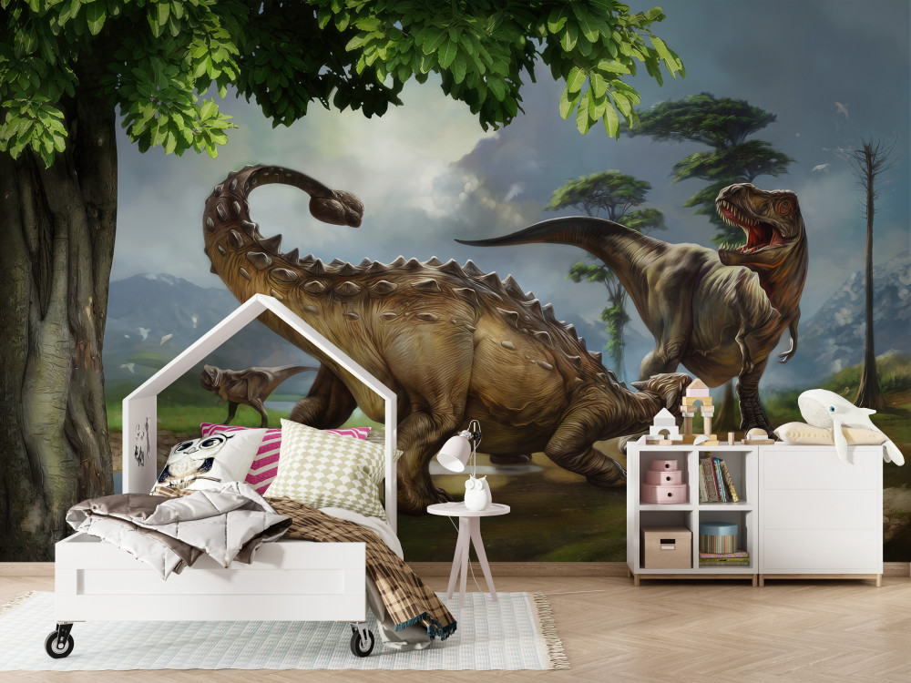 Fototapeta dinozaury w pobliżu wody w lesie