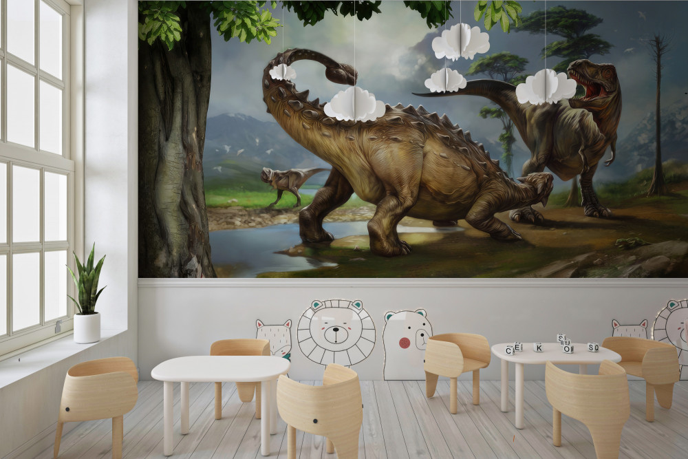 Fototapeta dinozaury w pobliżu wody w lesie