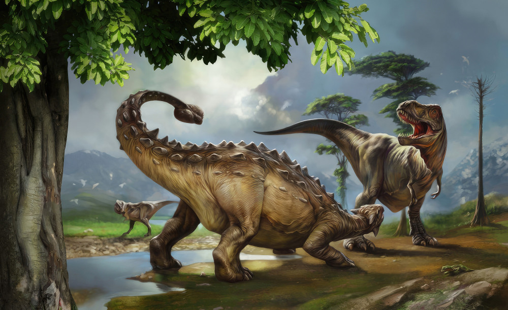 Fototapeta dinozaury w pobliżu wody w lesie