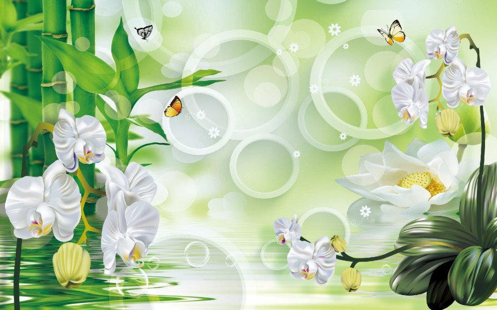 Fototapeta białe orchidee i bambus w wodzie
