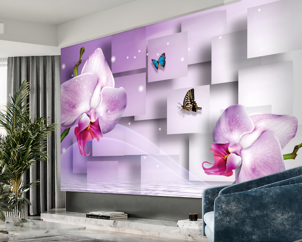 Fototapeta liliowe orchidee i motyle na tle geometrycznym