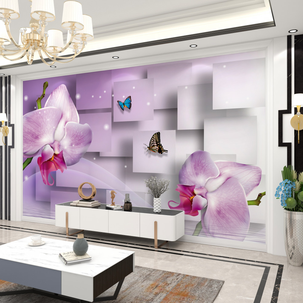 Fototapeta liliowe orchidee i motyle na tle geometrycznym