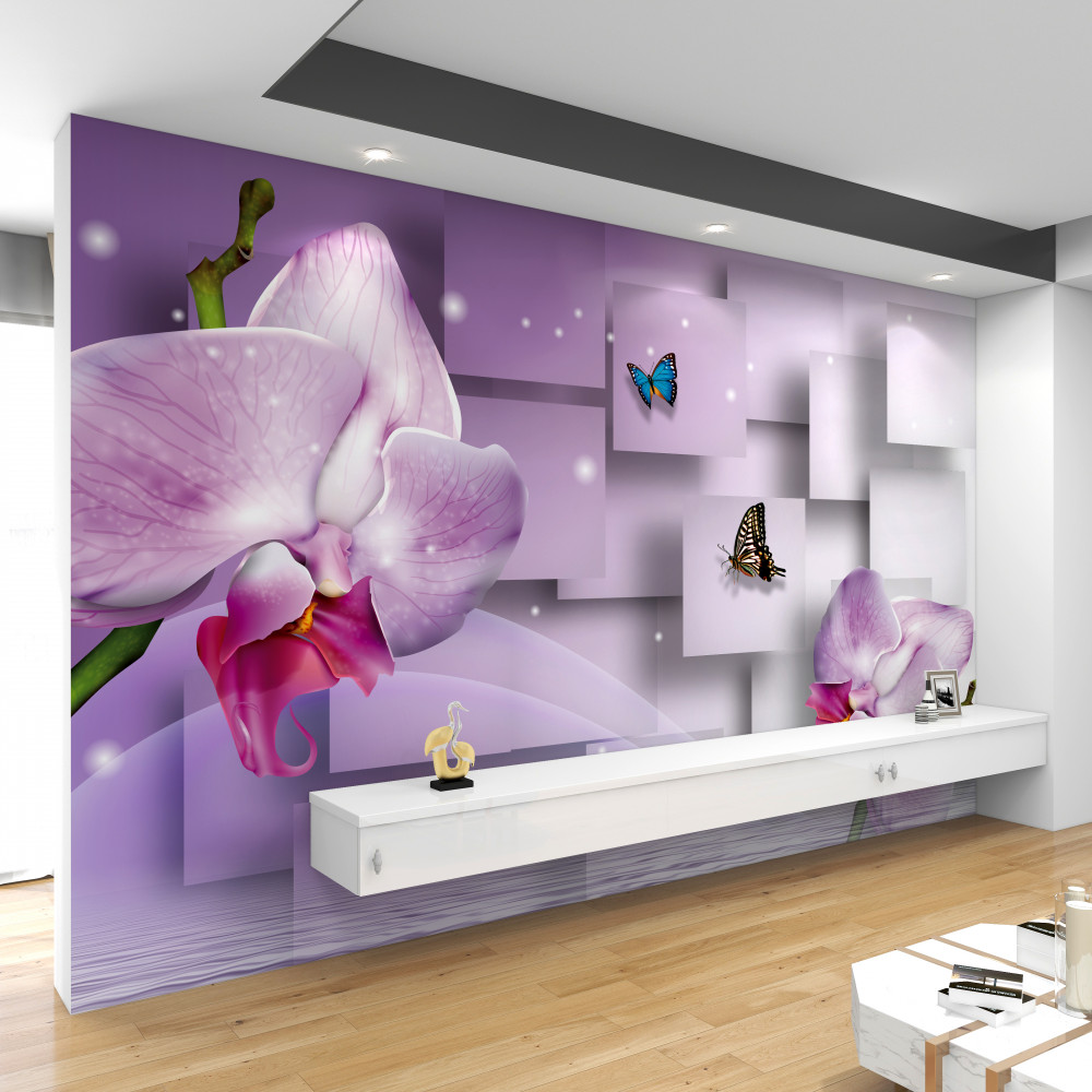 Fototapeta liliowe orchidee i motyle na tle geometrycznym