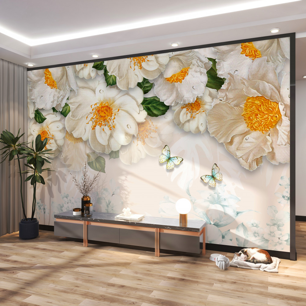 Fototapeta motyle latają do białych kwiatów
