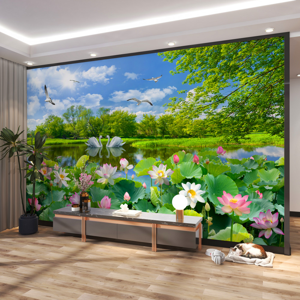 Fototapeta para łabędzi na jeziorze z liliami wodnymi
