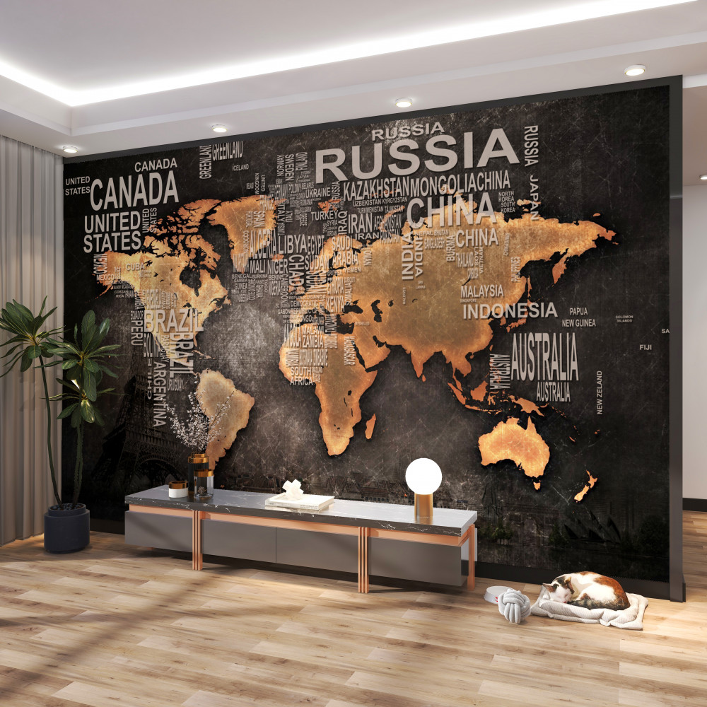 Fototapeta ciemna mapa świata z nazwami ważnych krajów