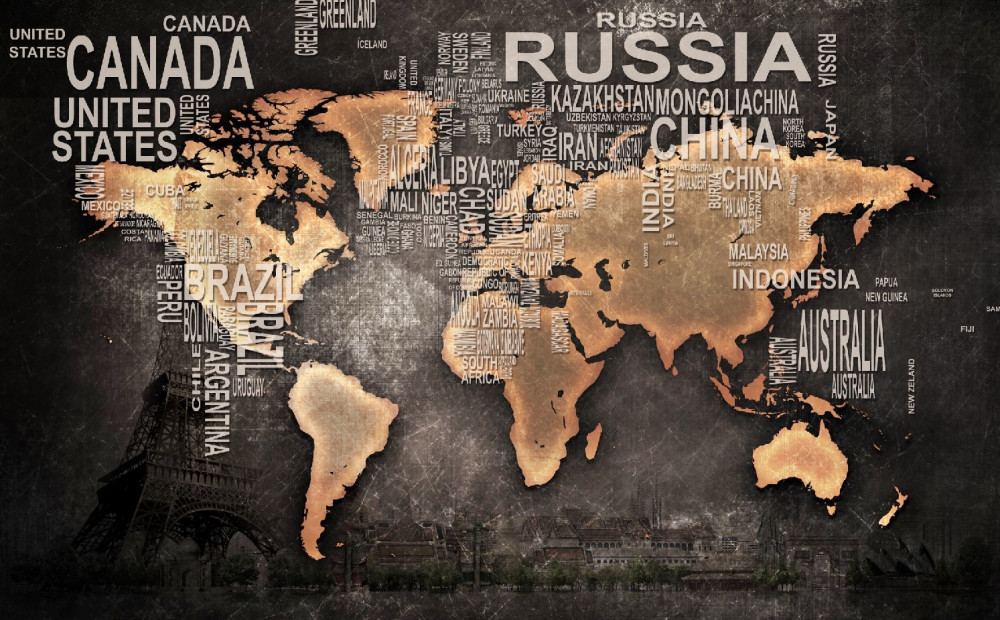 Fototapeta ciemna mapa świata z nazwami ważnych krajów
