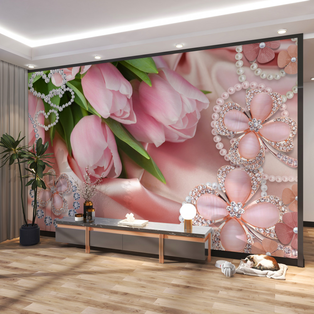 Fototapeta różowe tulipany na paciorkowym jedwabiu