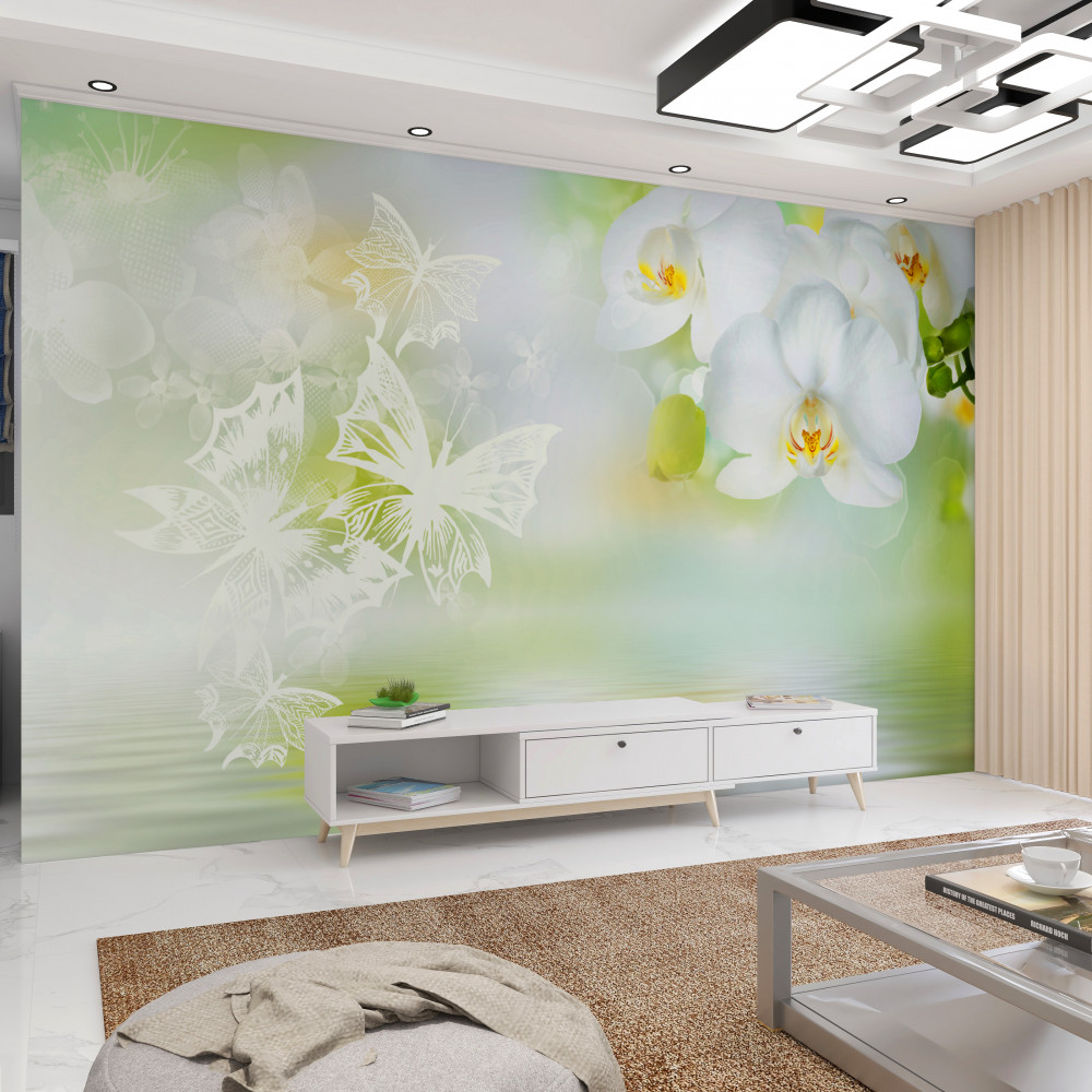 Fototapeta białe kwiaty orchidei w odbiciu w wodzie