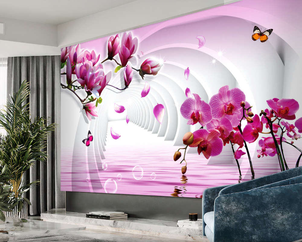 Fototapeta gałęzie bzu i czerwonych orchidei
