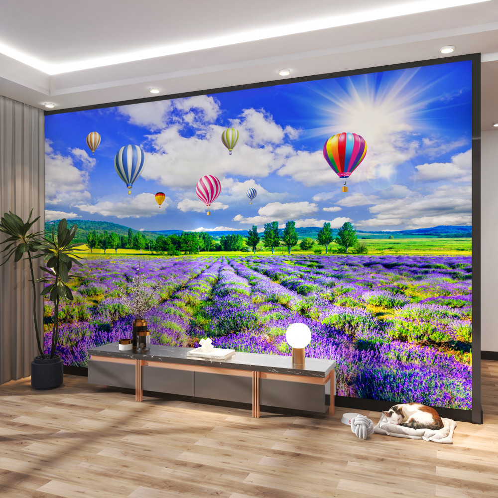 Fototapeta Lot balonem na ogrzane powietrze nad polem lawendy