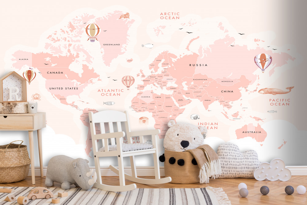 Fototapeta mapa świata w kolorze różowym