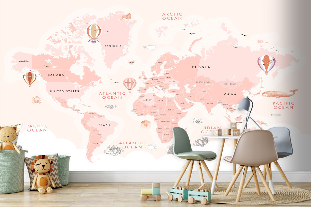 Fototapeta mapa świata w kolorze różowym