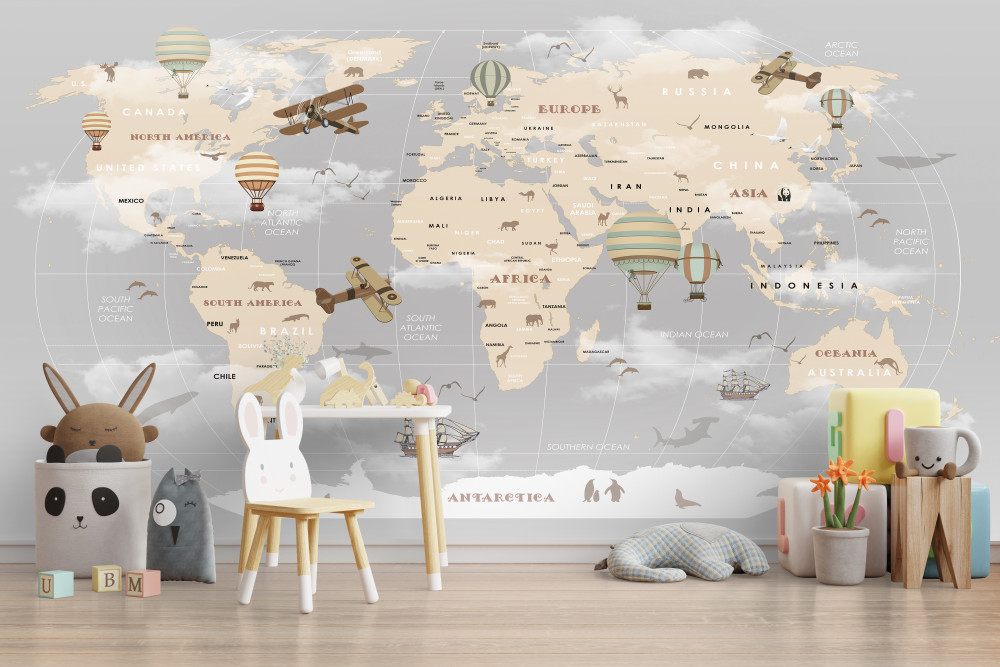 Fototapeta mapa świata z różnymi środkami transportu