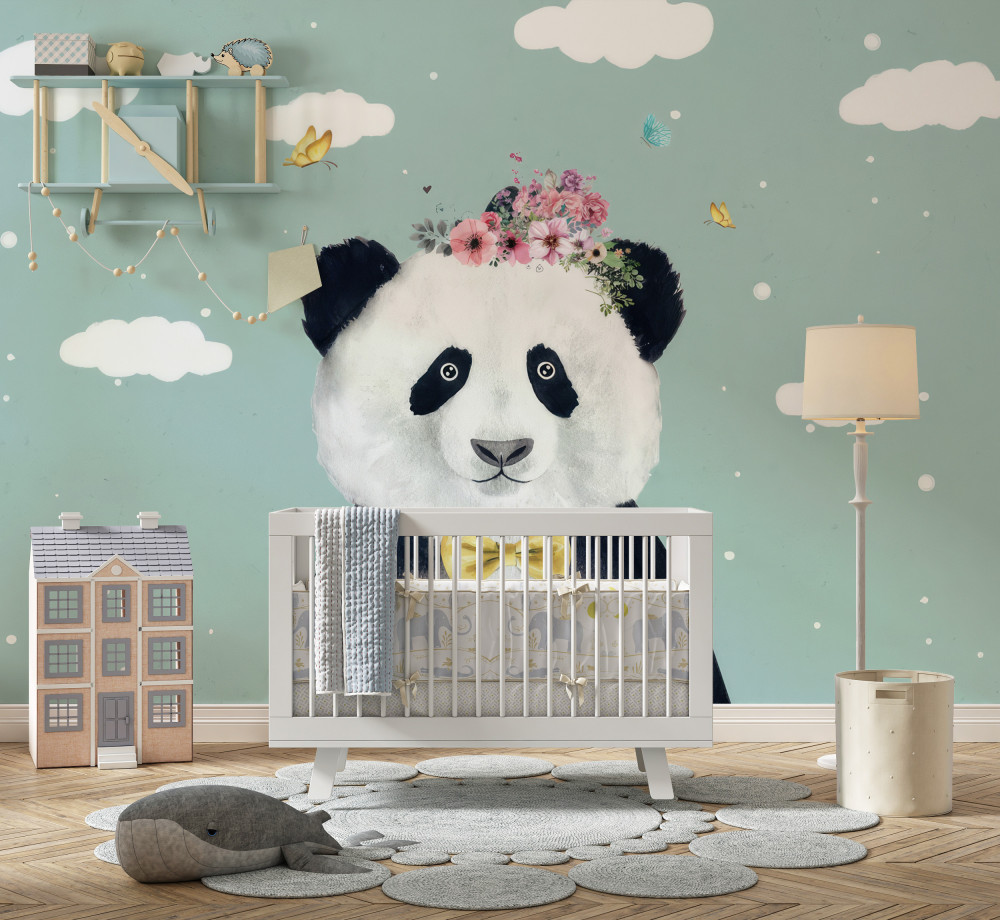 Fototapeta panda z kwiatami na tle chmur