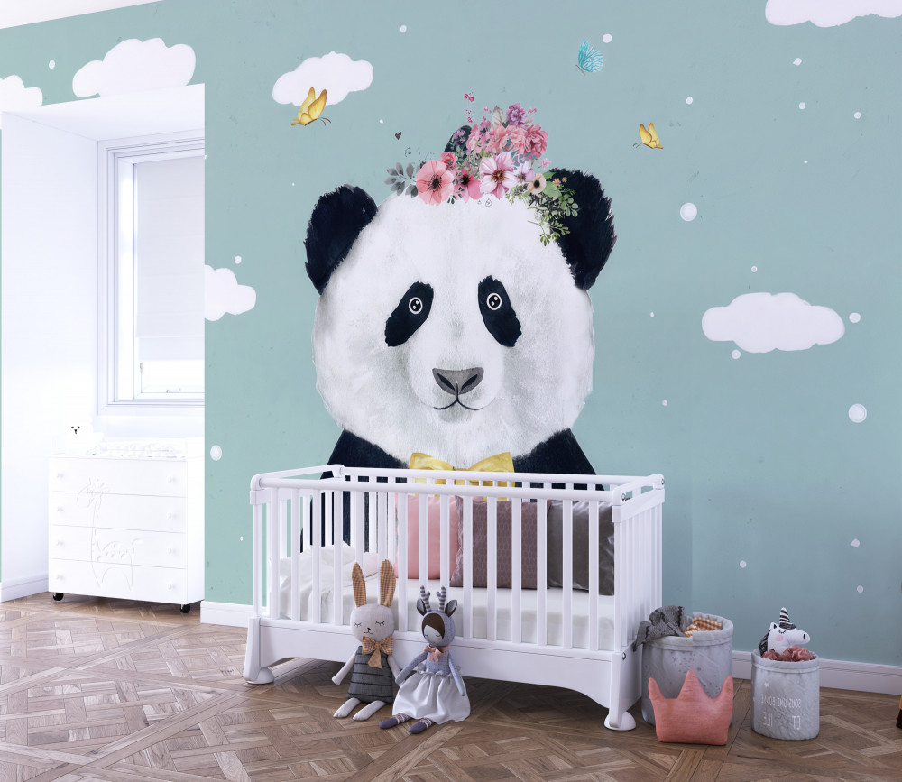 Fototapeta panda z kwiatami na tle chmur