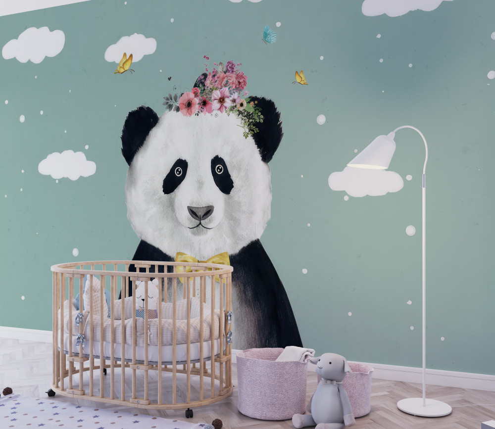 Fototapeta panda z kwiatami na tle chmur