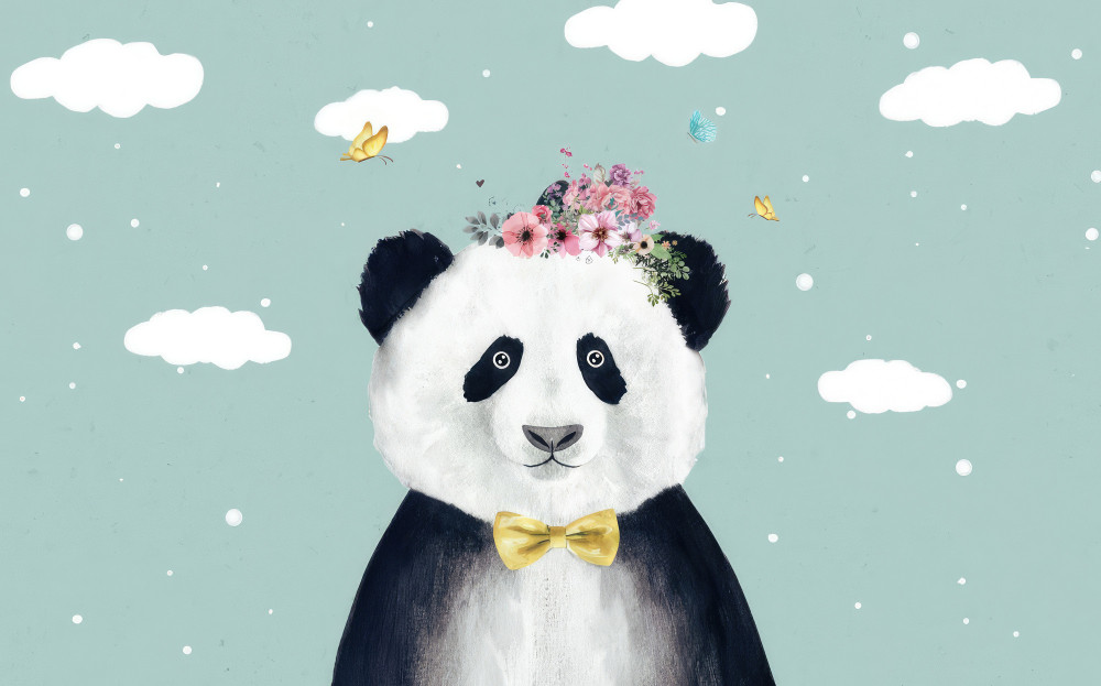 Fototapeta panda z kwiatami na tle chmur