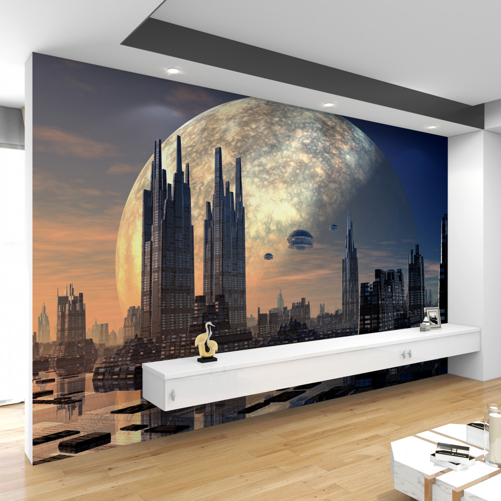 Fototapeta księżyc nad futurystycznym miastem
