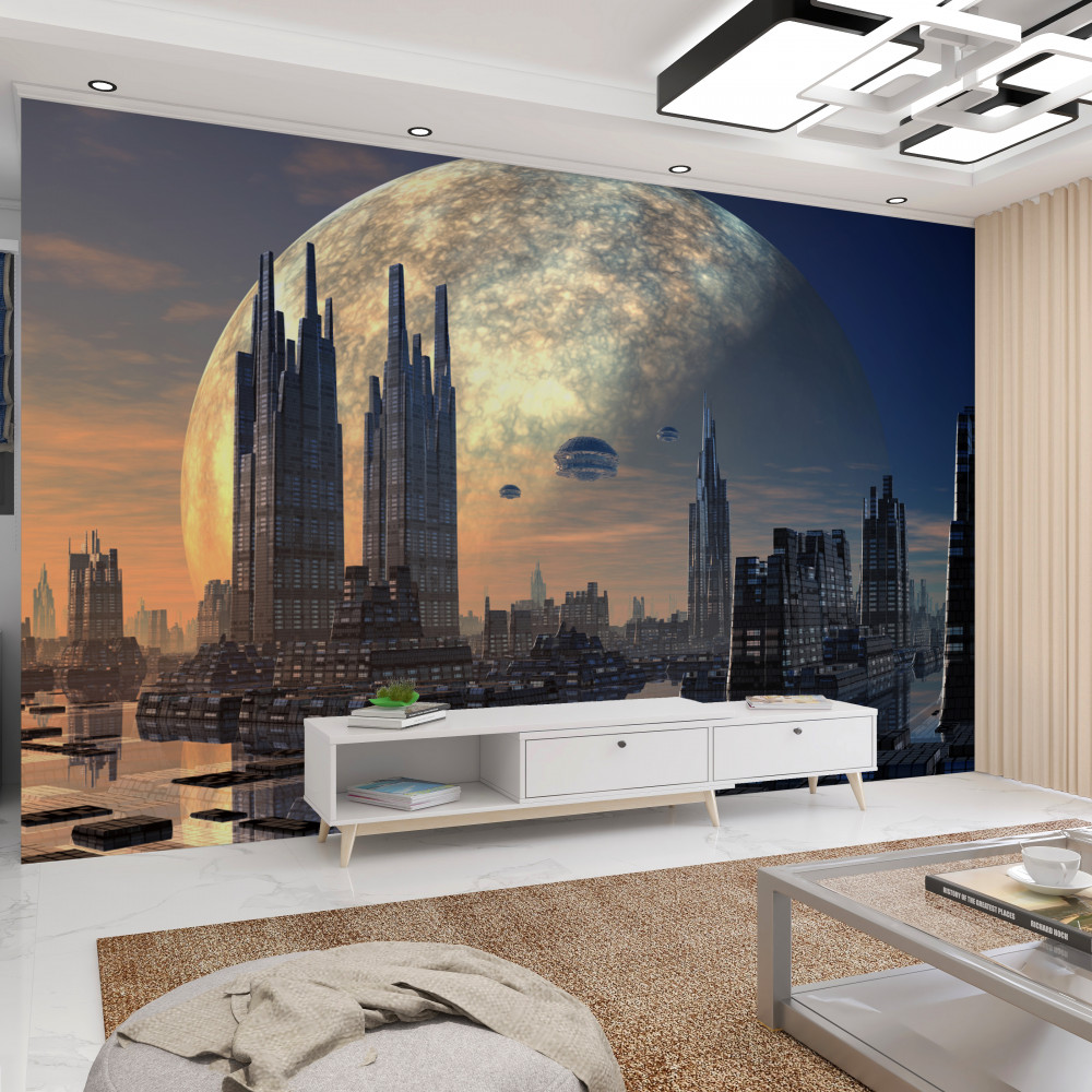 Fototapeta księżyc nad futurystycznym miastem