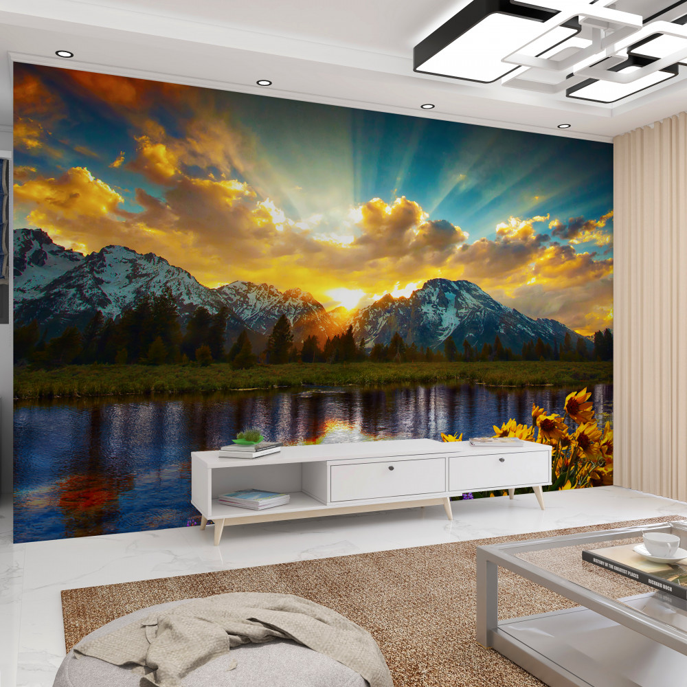 Fototapeta fantastyczny zachód słońca nad górską rzeką